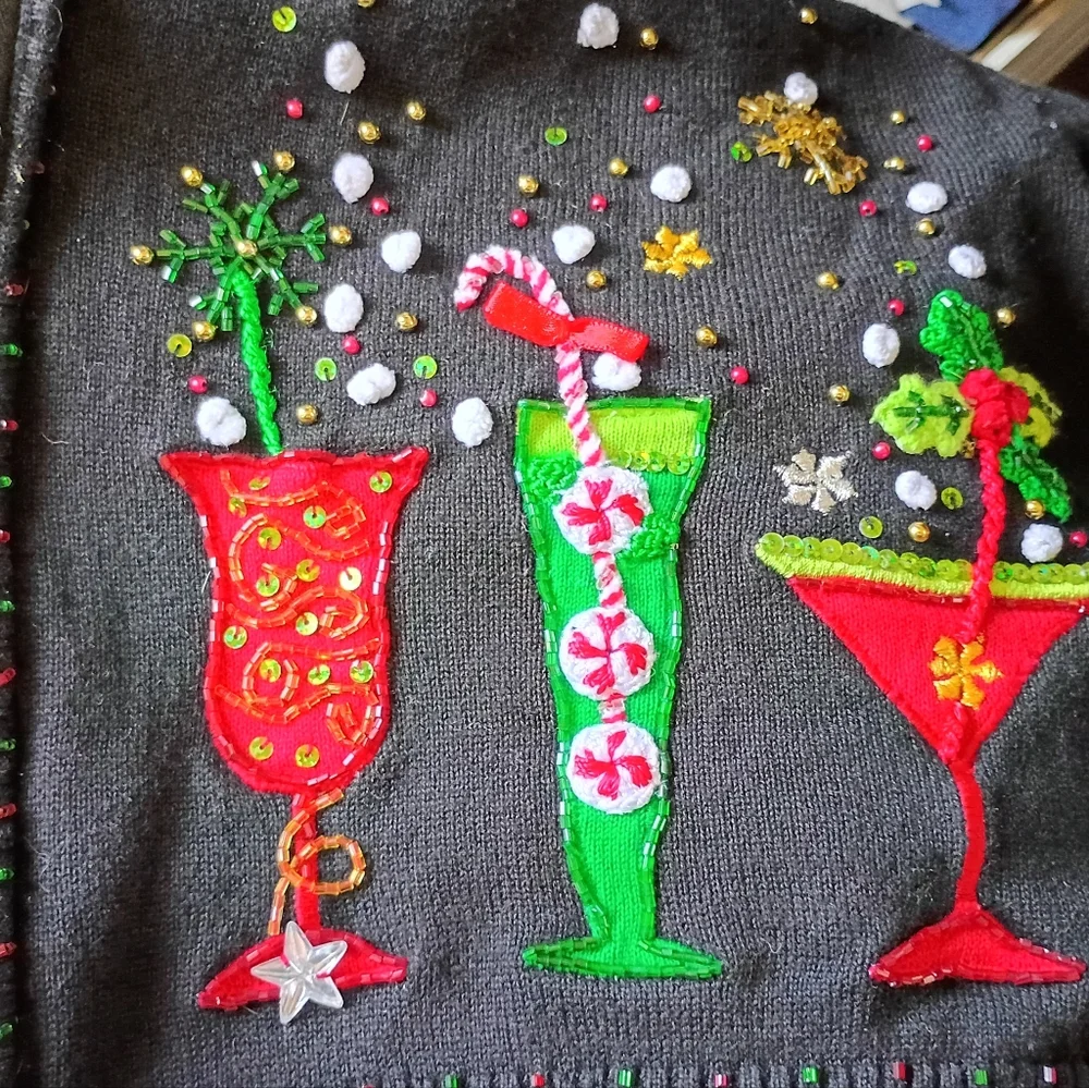 BEREK Vintage CHRISTMAS SWEATER Cocktails Cotton Blend Full Zip Cardigan XL